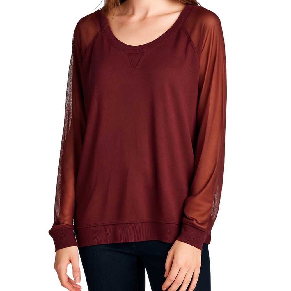 Attention Burgundy Sheer Long Sleeve Sweater Womens Minimalist Fall Top Large